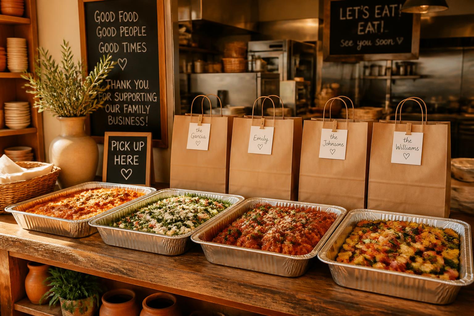 Family-size meal trays and labeled pickup bags on a restaurant counter